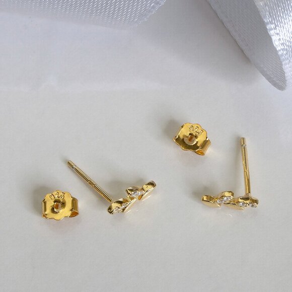 Leaves Design Gold Stud Earrings, Real Gold Plated Over 925 Sterling Silver - Picture 4 of 5